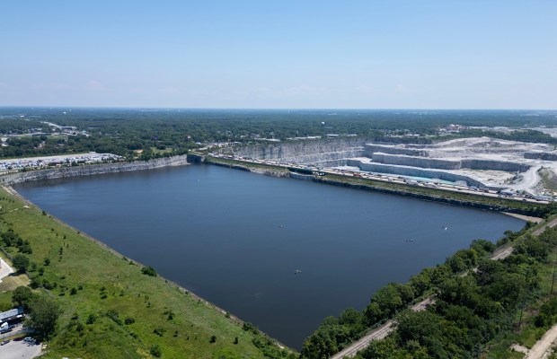 The deep tunnel reservoir north of the Thornton Quarry is filled with water following a rainy June and early July in Thornton, on July 6, 2026. (Stacey Wescott/Chicago Tribune)