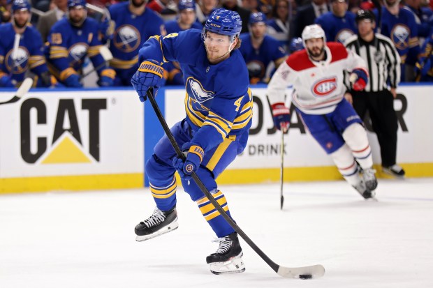 Sabres' Bowen Byram scores against the Canadiens during the second period of a second-round playoff game on May 6, 2026, in Buffalo, New York. (Photo by Rebecca Villagracia/Getty Images)