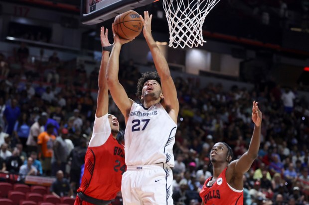 Bulls forward Noa Essengue, left, defends Grizzlies forward Cameron Boozer during the first half of a summer league game Friday, July 10, 2026, in Las Vegas. (Ian Maule/AP)