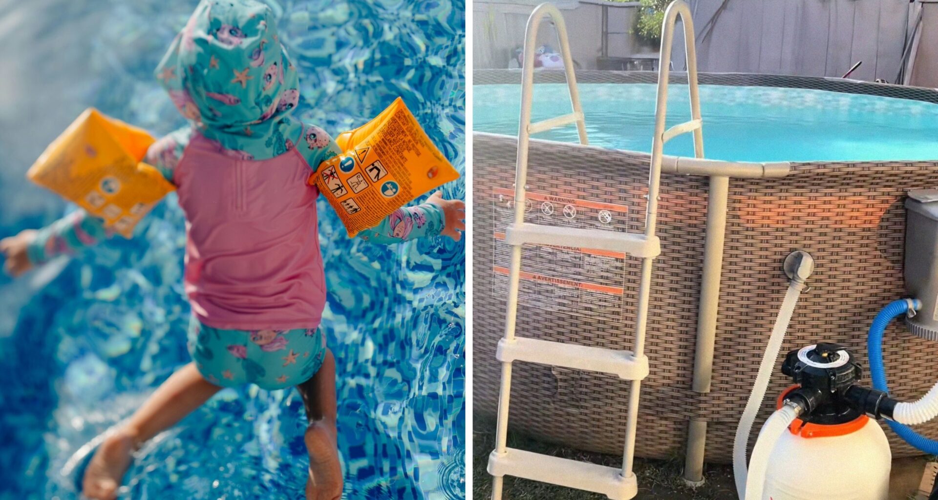 little girl jumping into pool (l) above-ground pool (r)