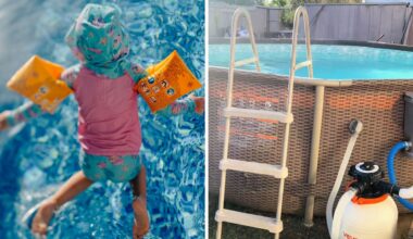 little girl jumping into pool (l) above-ground pool (r)