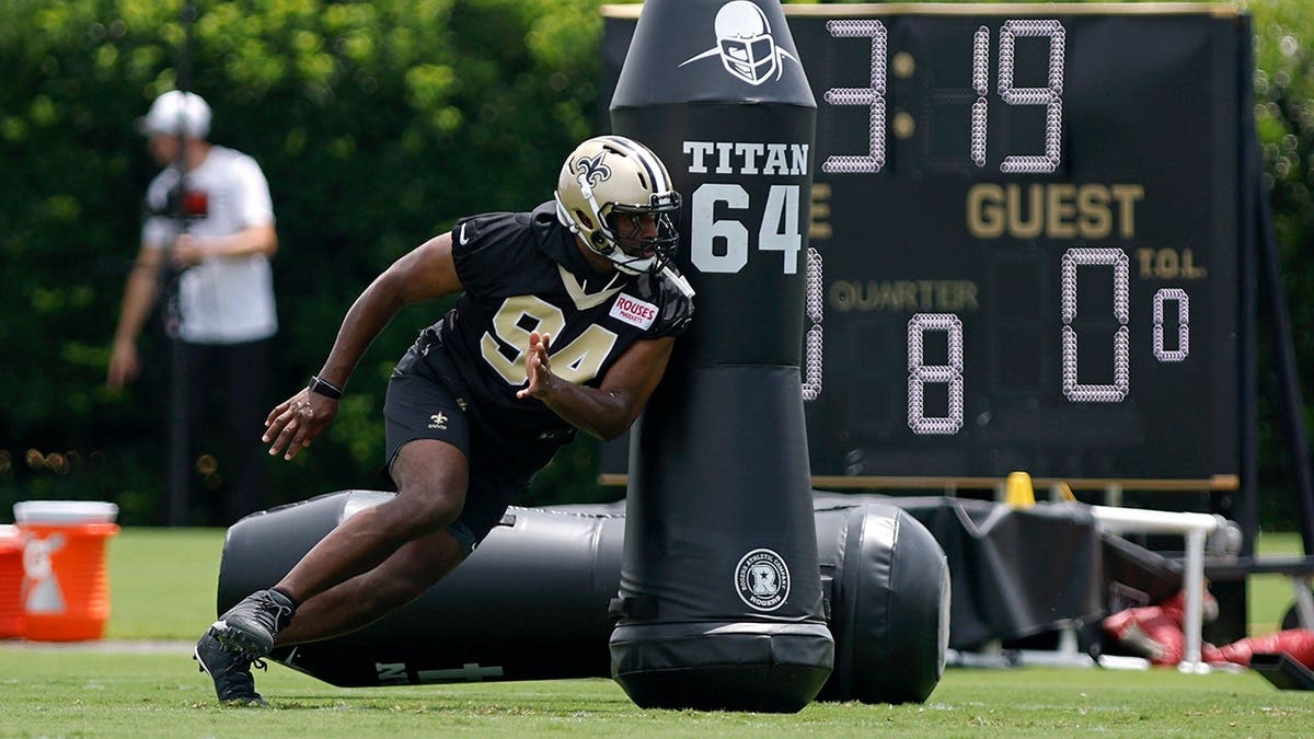 Cam Jordan during practice drills