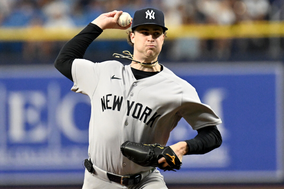 Jul 6, 2026; St. Petersburg, Florida, USA; New York Yankees starting pitcher Cam Schlittler (31) throws a pitch in the first inning against the Tampa Bay Rays  at Tropicana Field. Mandatory Credit: Jonathan Dyer-Imagn Images