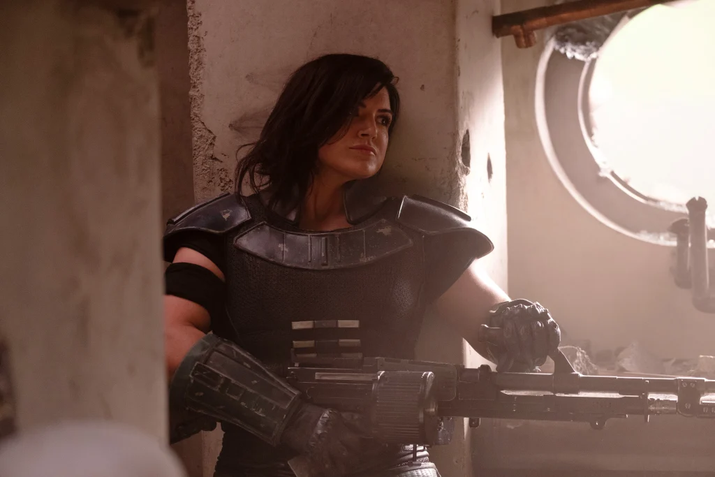 Cara Dune takes cover in Nevarro cantina
