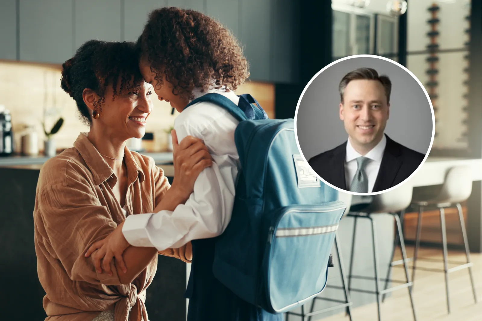 A mother hugs her daughter before she leaves for school; and Scott Stratton posing for a headshot.
