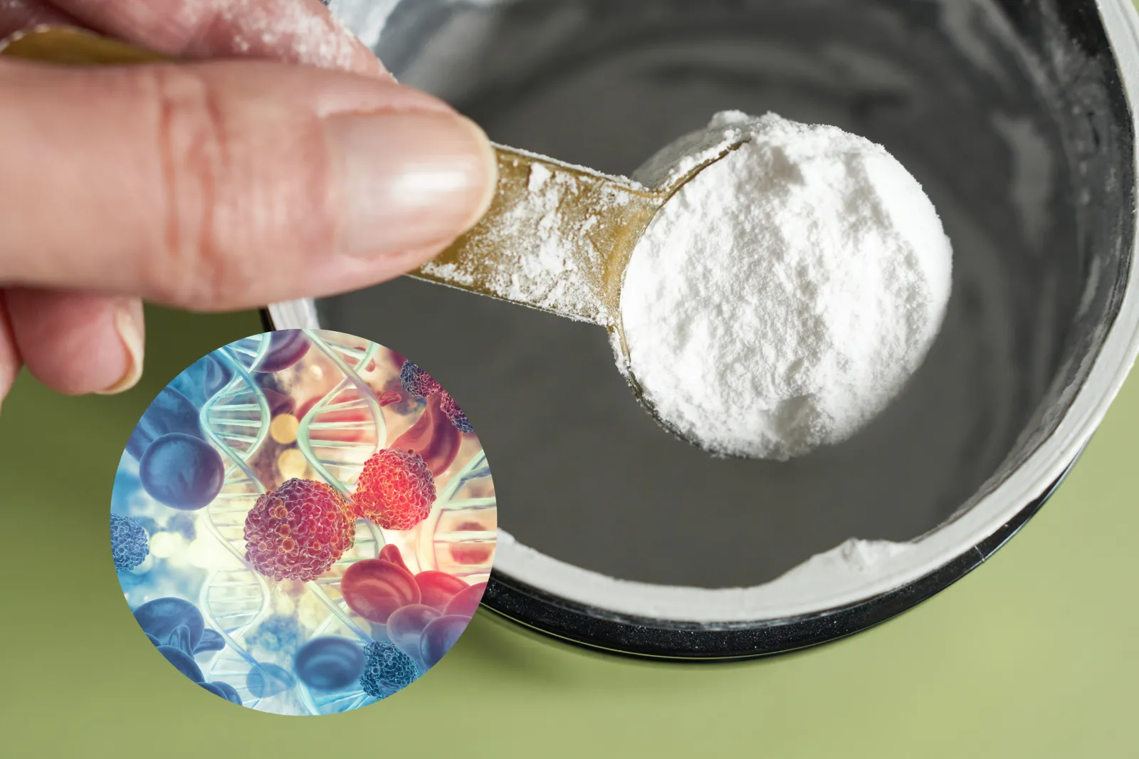 A stock image of a spoonful of creatine powder in a metal jar and a 3D illustration of cancer cells on DNA strand.