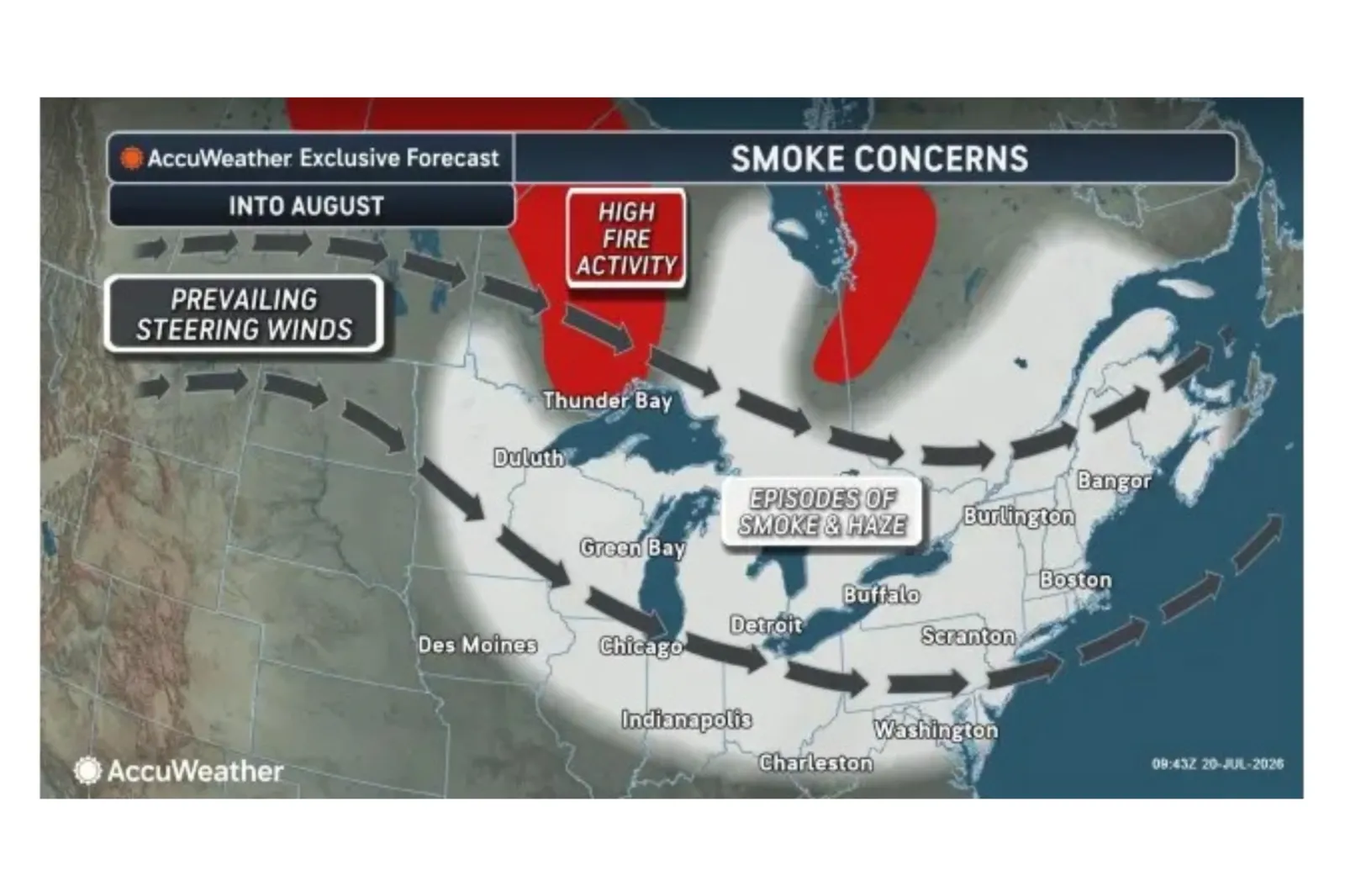 Map showing where Canadian wildfire smoke is expected to blanket the US in August 2026. | AccuWeather