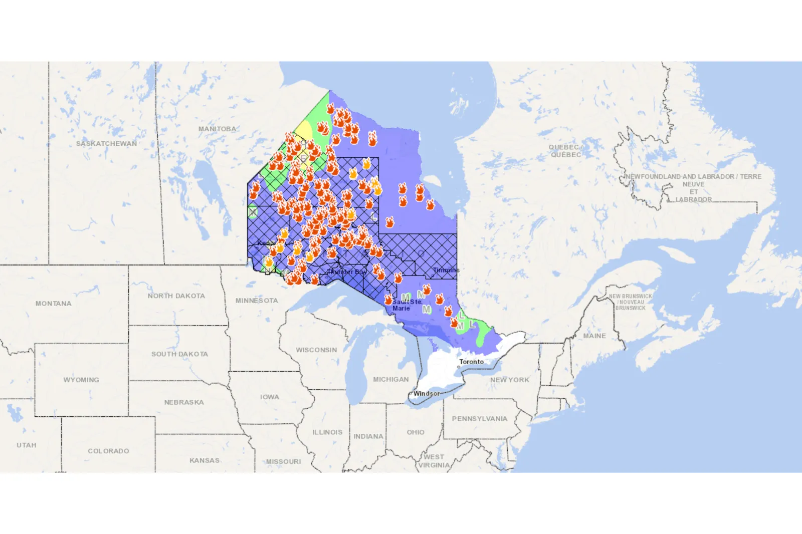 Map showing wildfires across Northwestern Ontario on July 21, 2026 | Ontario Forest Fires