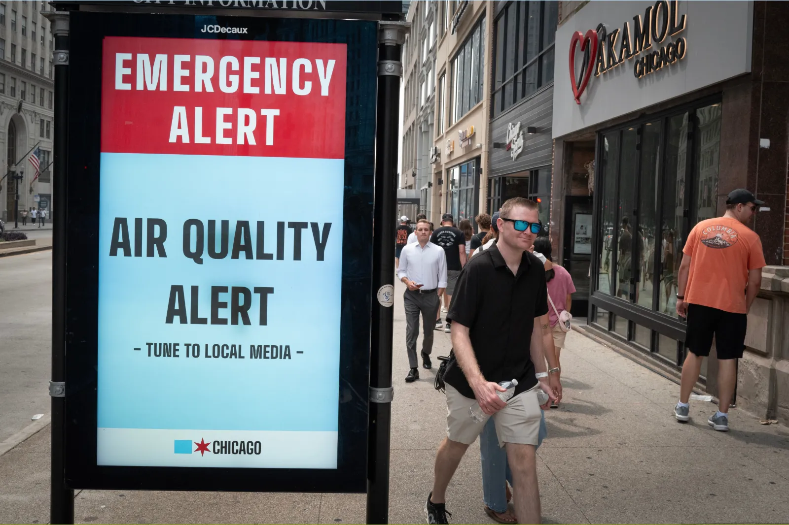 A sign downtown warns people of hazardous air quality as smoke from Canadian wildfires blankets the city on July 17, 2026 in Chicago, Illinois. | Photo by Scott Olson/Getty Images