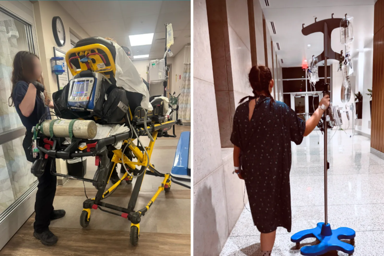 Emma Selvidge on a stretcher and walking through the hospital.