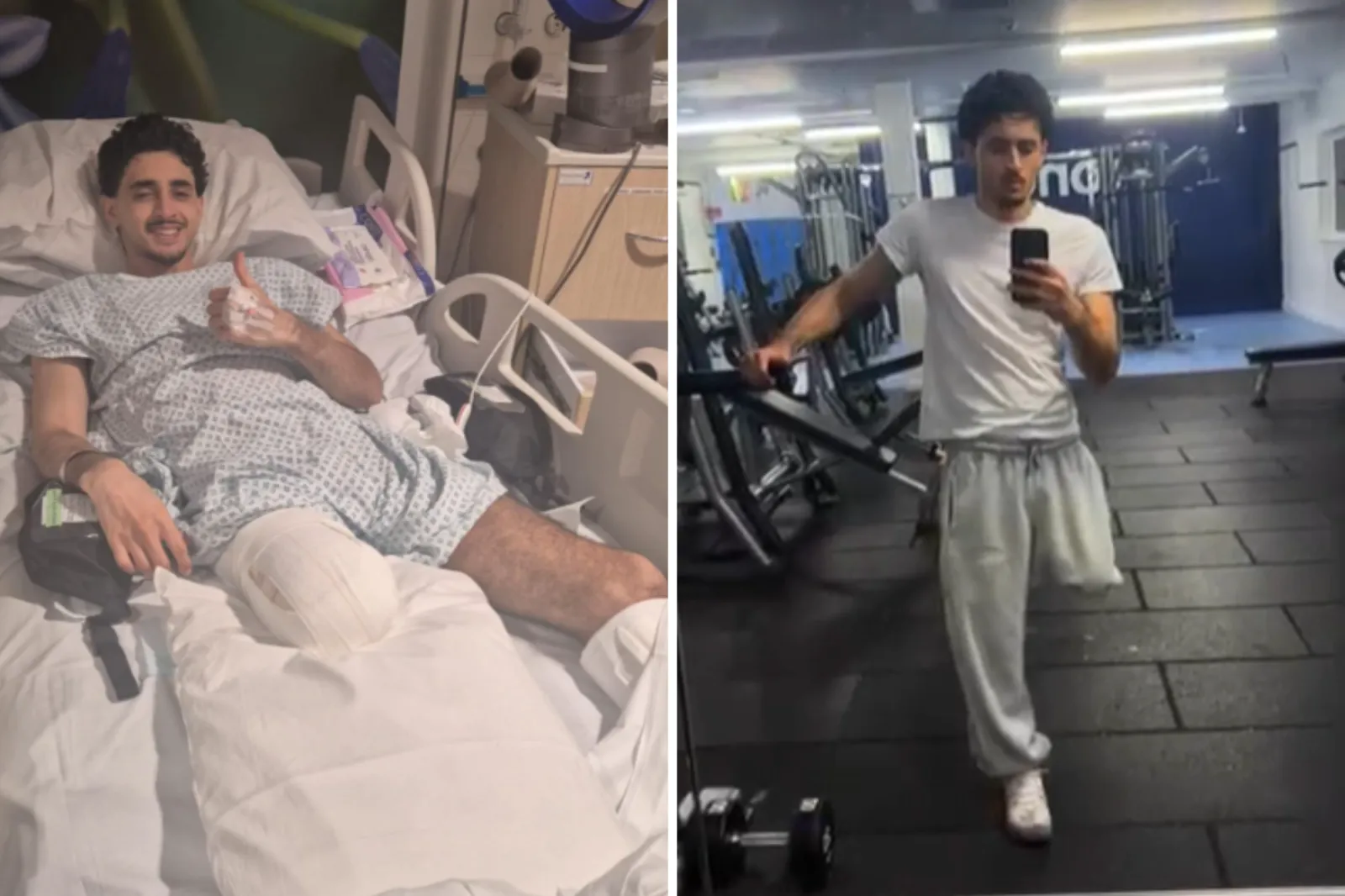 Mohammed Mêrko in hospital after surgery, and standing in the gym following his recovery.