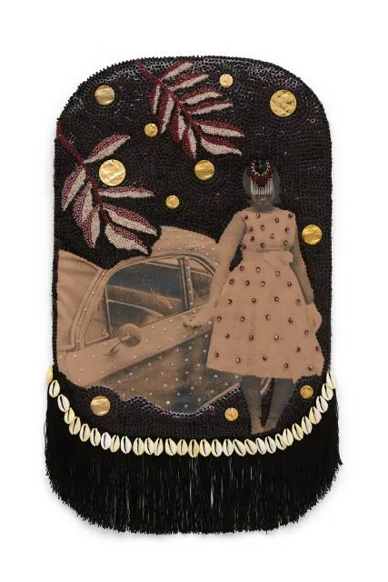 A mixed-media artwork shows a woman in a beaded dress beside a vintage car, with gold discs, leaves, cowrie shells, and black fringe on a dark, textured background.