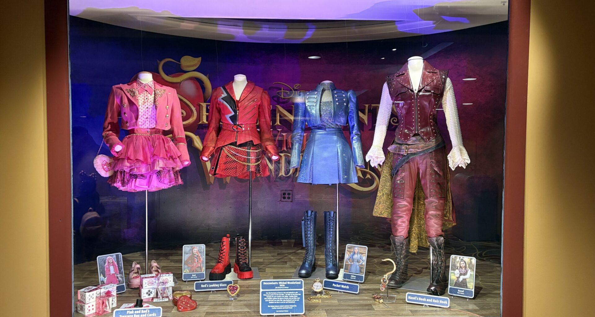 One of the costumes on display is that of Queen of Hearts, played by Rita Ora. It includes her dress, boots, and crown.