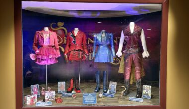 One of the costumes on display is that of Queen of Hearts, played by Rita Ora. It includes her dress, boots, and crown.