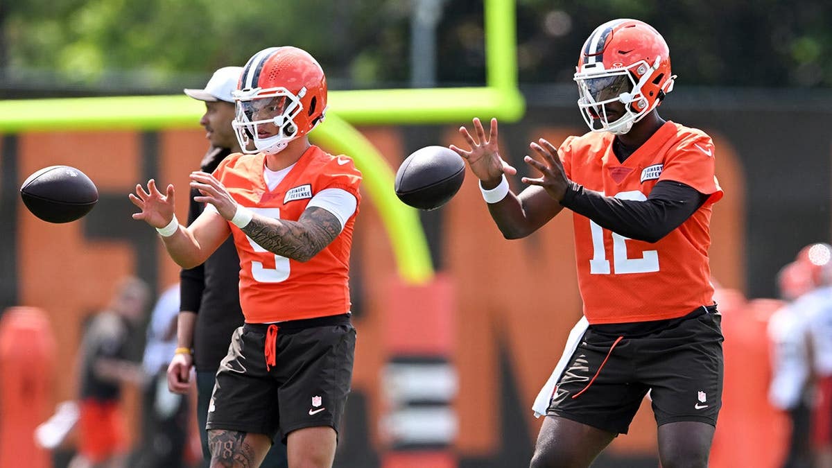 Dillon Gabriel and Shedeur Sanders at Cleveland Browns minicamp
