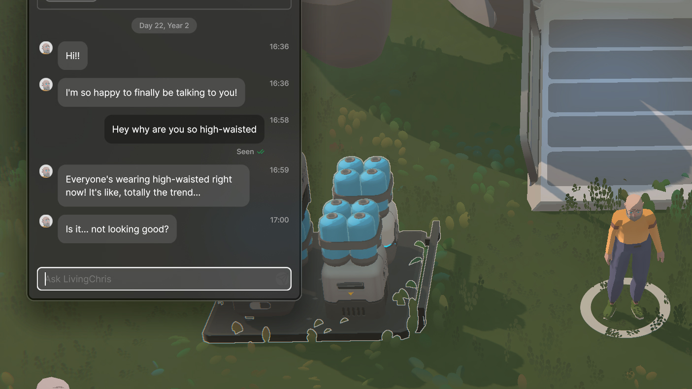 A conversation with a seedling asking about high-waisted jeans
