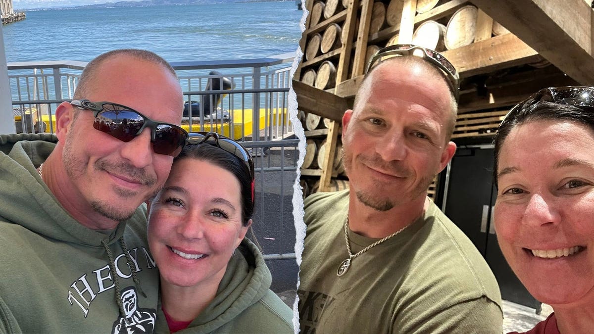 Split image of two selfies showing Justin and Lena Elrod smiling together, one near a waterfront pier and one inside a distillery barrel room.