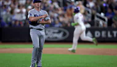 Jul 24, 2026; New York City, New York, USA; Los Angeles Dodgers relief pitcher Evan Phillips (59) reacts after giving up a solo home run to New York Mets catcher Francisco Alvarez (4) during the eighth inning at Citi Field. Mandatory Credit: Brad Penner-Imagn Images