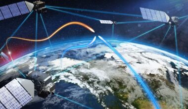 a constellation of satellites shoots beams to each other and down to Earth.