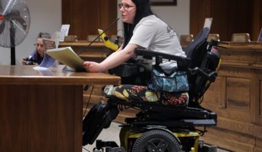 Organizer Destiny Maxam spoke at a hearing at the State House on March 11 to advocate for bills that would aim to facilitate repairs, reduce wait times, and hold manufacturers of wheelchairs accountable to their customers.