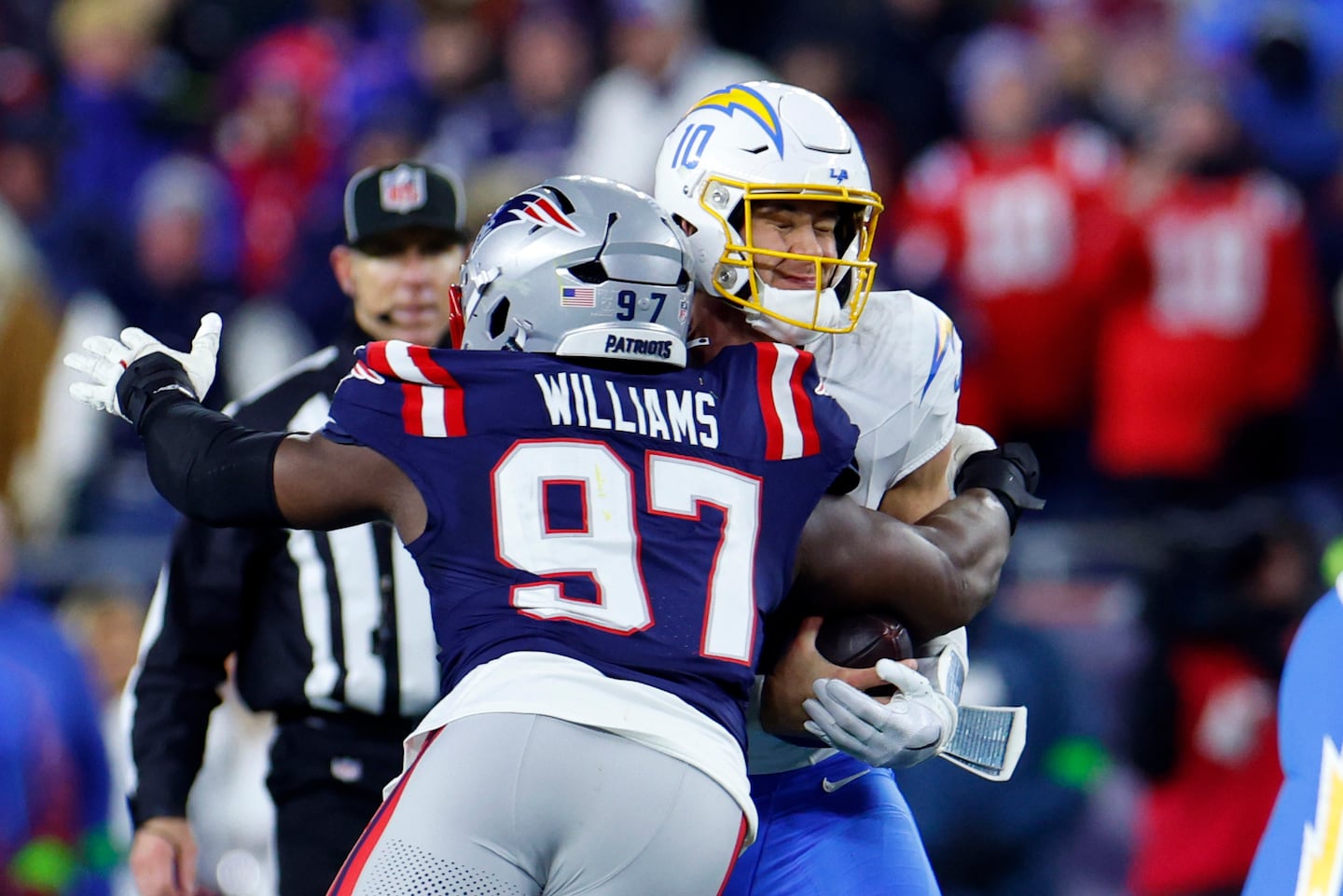 Milton Williams was among those Patriots who ended Justin Herbert's season with a definitive performance at Gillette Stadium in January.