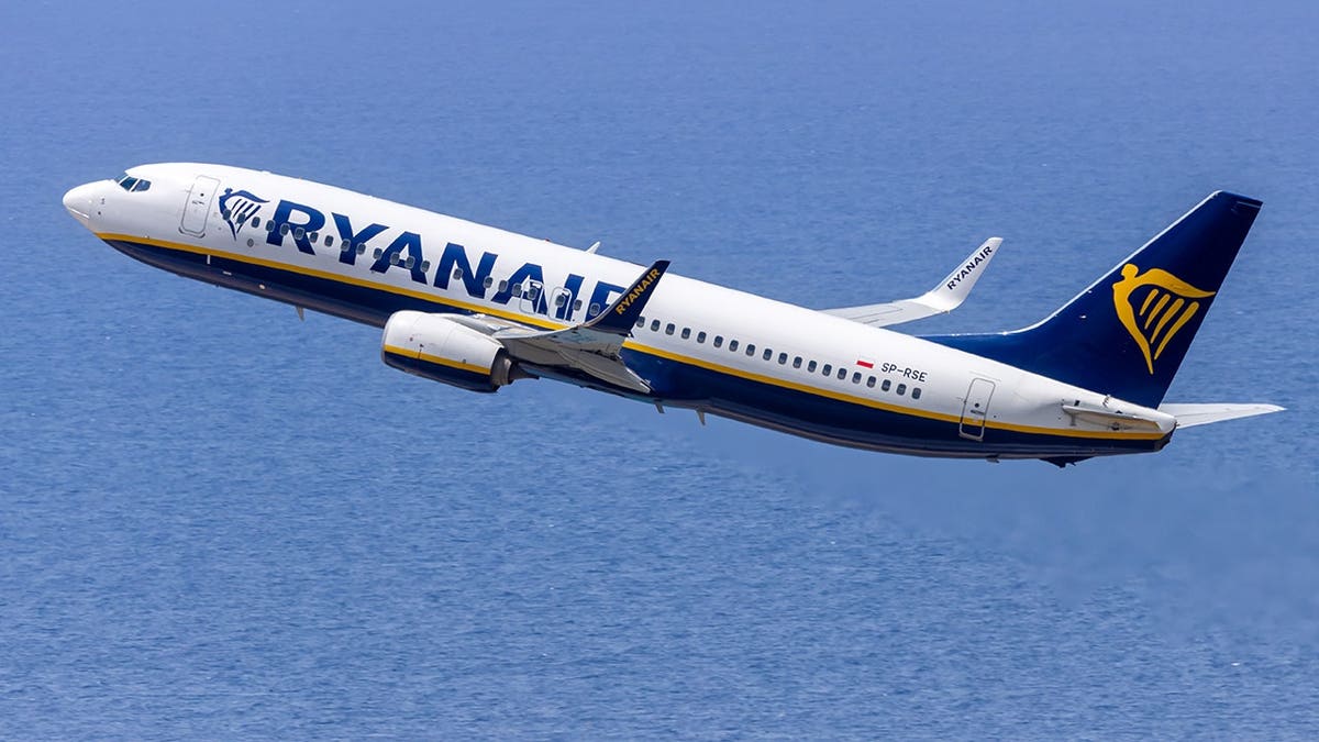 View of Ryanair plane in sky