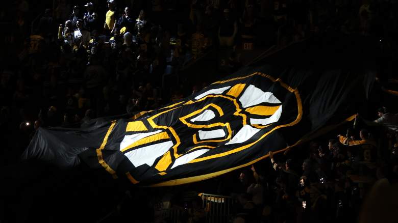 A flag with the Boston Bruins logo is moved by fans before Game Three of the First Round of the 2022 Stanley Cup Playoffs at TD Garden on May 06, 2022 in Boston, Massachusetts.