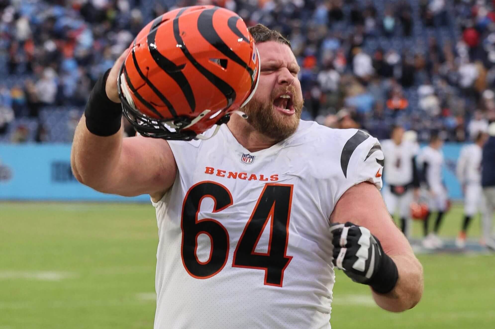 Ted Karras #61 of the Cincinnati Bengals against the Tennessee Titans at Nissan Stadium on November 27, 2022, in Nashville, Tennessee.