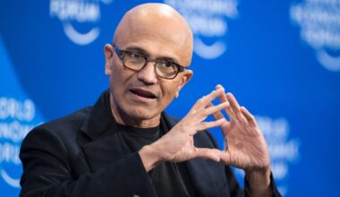 Microsoft CEO Satya Nadella gestures during a session at the World Economic Forum (WEF) annual meeting in Davos, on January 16, 2024.