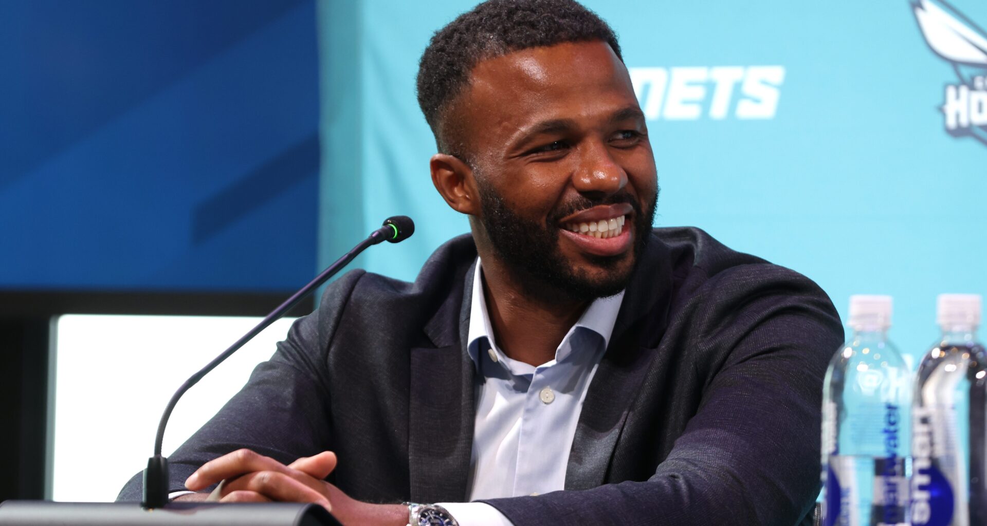 Jeff Peterson smiles during a NBA draft press conference