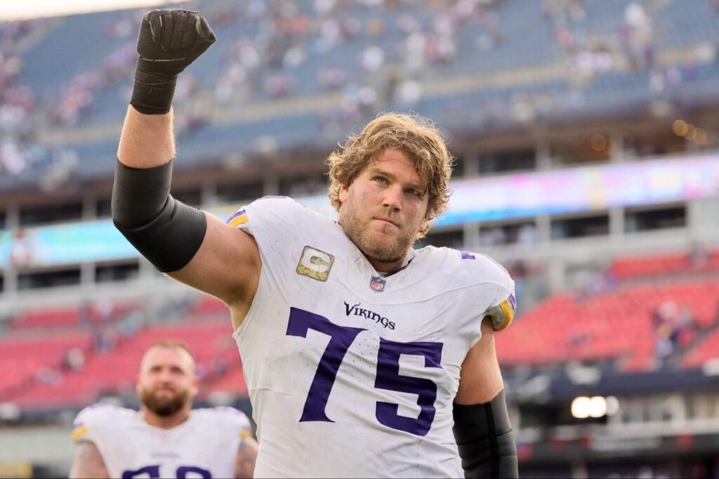 Brian O'Neill of the Minnesota Vikings reacts after the Vikings defeated the Tennessee Titans, 23-13, at Nissan Stadium on November 17, 2024 in Nashville, Tennessee.
