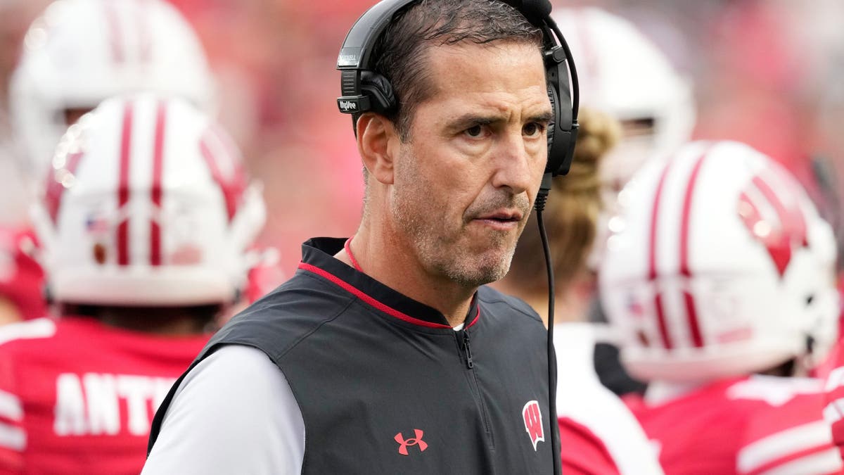 MADISON, WISCONSIN - OCTOBER 18: Head coach Luke Fickell of the Wisconsin Badgers looks on in the fourth quarter against the Ohio State Buckeyes at Camp Randall Stadium on October 18, 2025 in Madison, Wisconsin. (Photo by John Fisher/Getty Images)