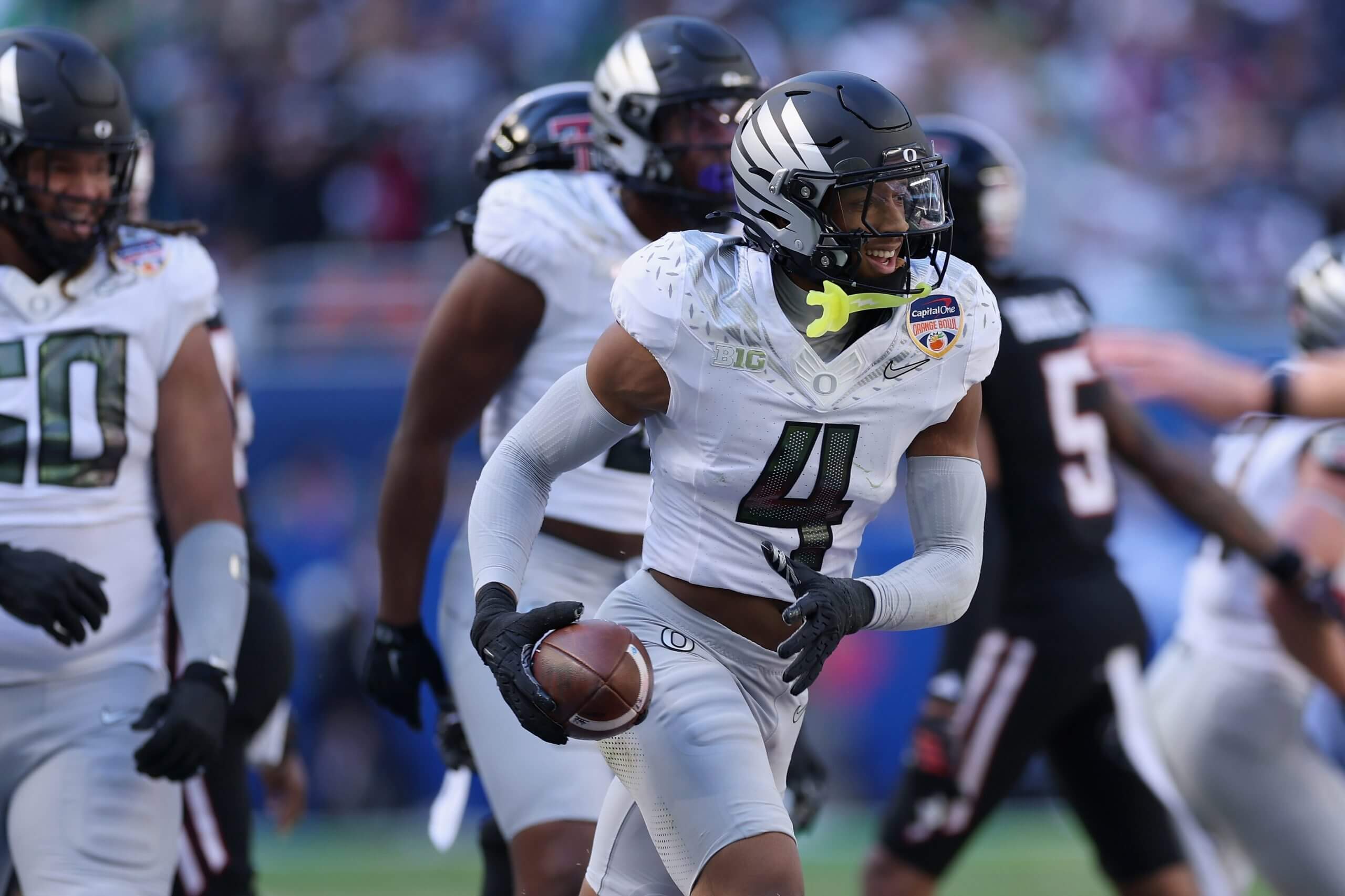 Oregon defensive back Brandon Finney Jr. celebrates after a takeaway.