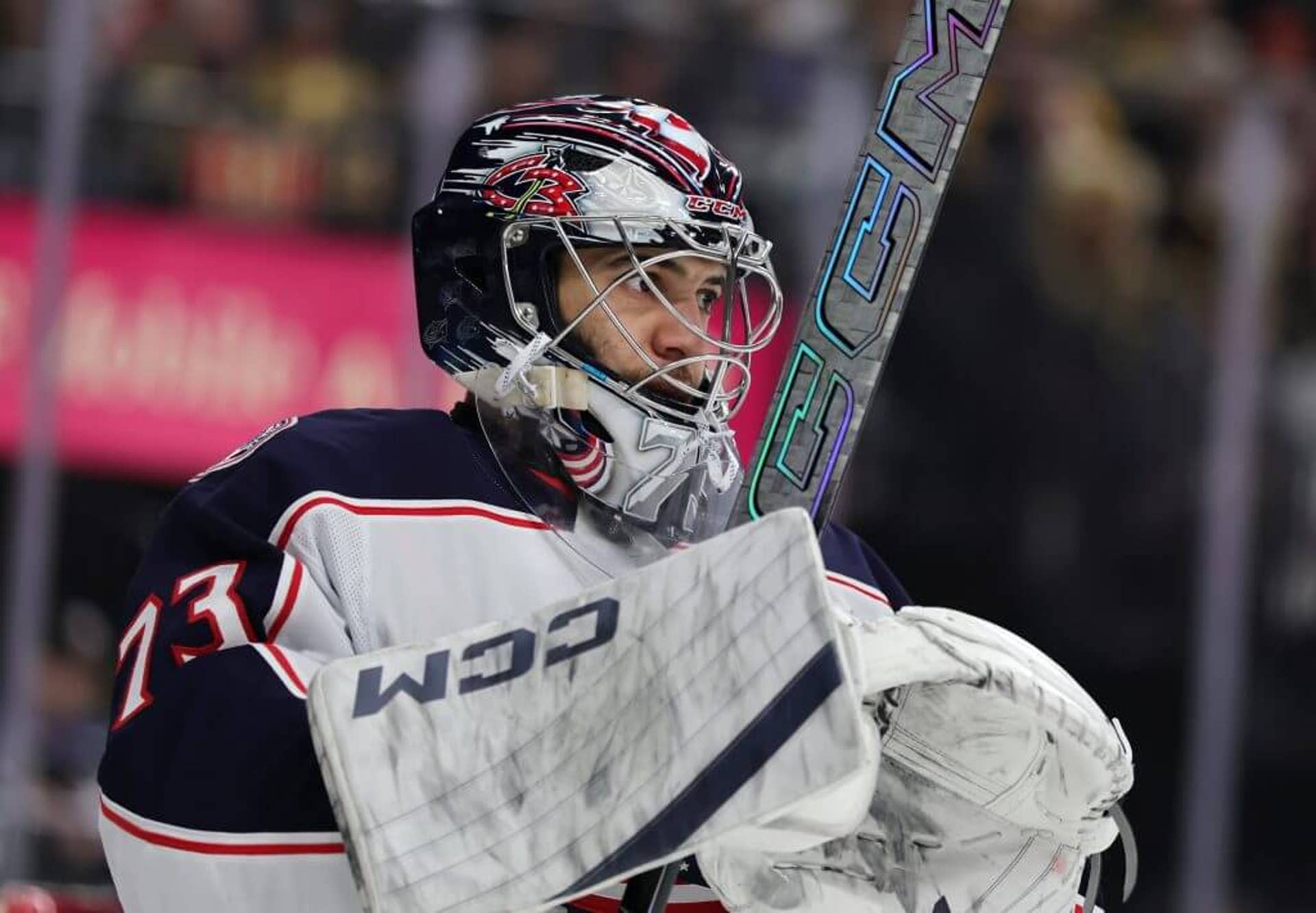Jet Greaves of the Columbus Blue Jackets takes a break during a stop in play in the second period of a game against the Vegas Golden Knights at T-Mobile Arena on January 08, 2026 in Las Vegas, Nevada.