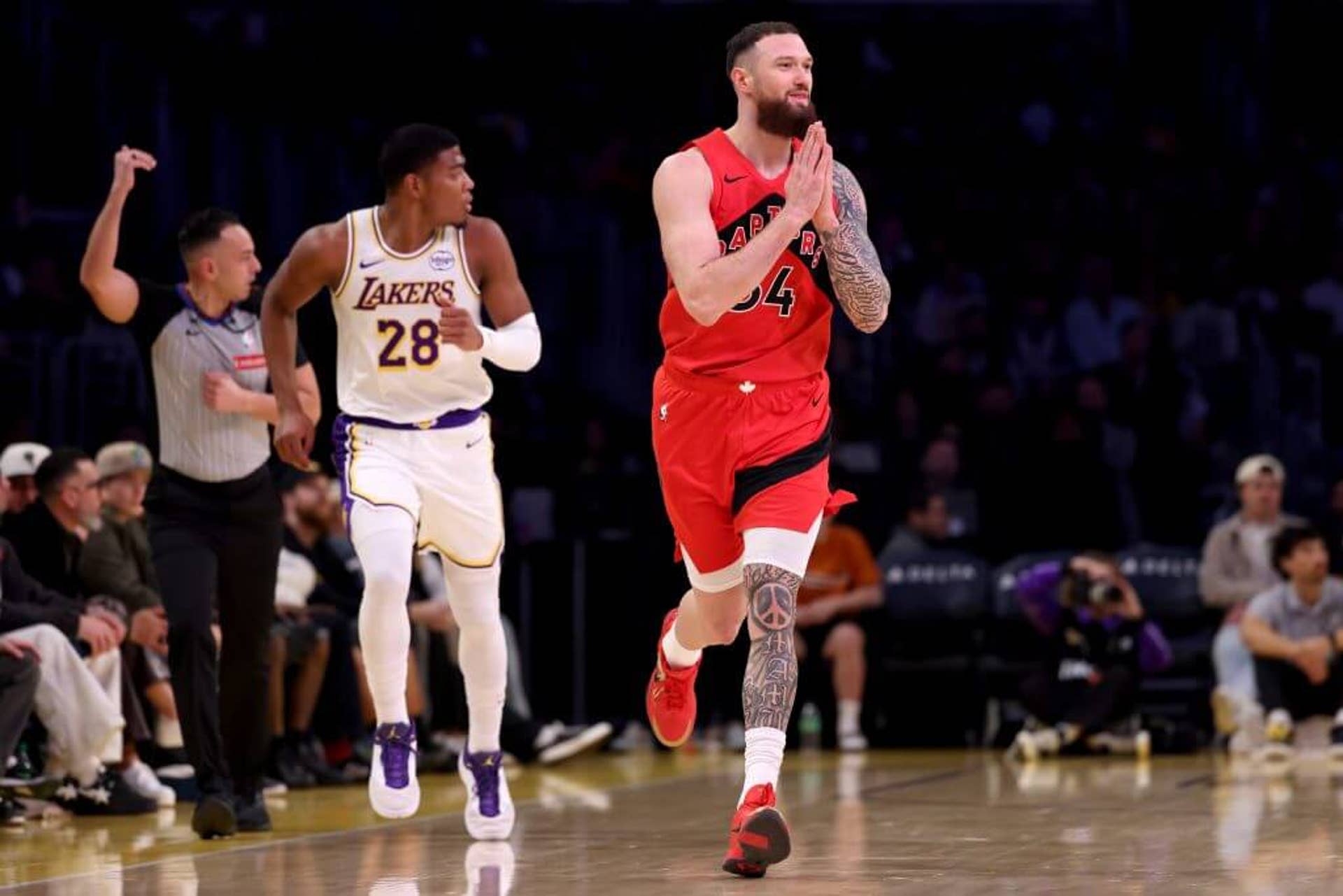 Sandro Mamukelashvili celebrates after a 3-point basket during a January game against the Lakers.
