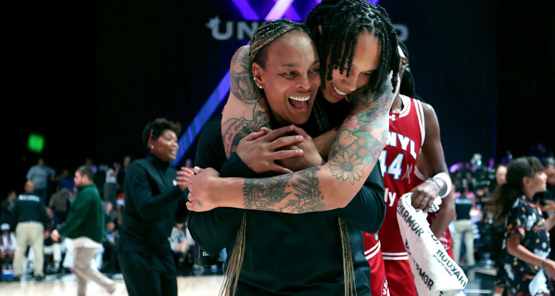 Vinyl Basketball Club player Brittney Griner hugs head coach Teresa Weatherspoon after a first-round win in the Unrivaled league playoffs on Feb. 28, 2026, at Sephora Arena in Medley, Fla.