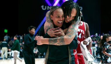 Vinyl Basketball Club player Brittney Griner hugs head coach Teresa Weatherspoon after a first-round win in the Unrivaled league playoffs on Feb. 28, 2026, at Sephora Arena in Medley, Fla.