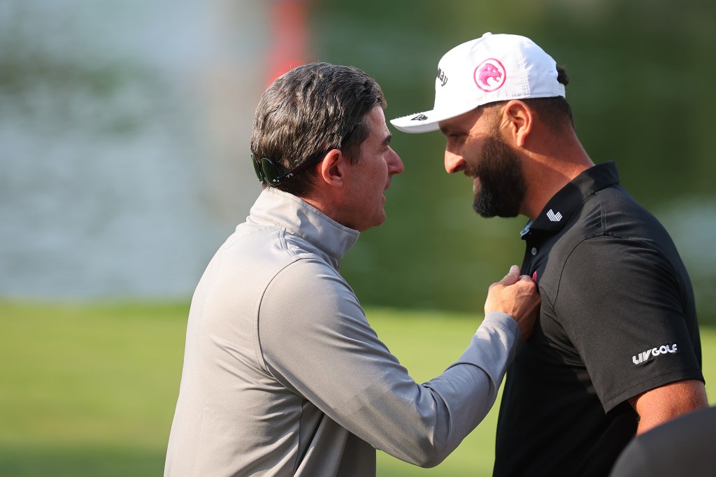Jon Rahm of Legion XIII celebrates with CEO of LIV Golf, Scott O'Neil after winning the final round of LIV Golf Mexico City at Club de Golf Chapultepec on April 19, 2026 in Mexico City. 