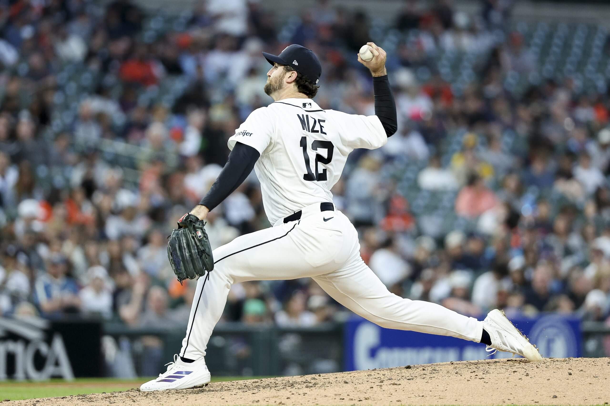 Casey Mize #12 of the Detroit Tigers pitches in the sixth inning against the Milwaukee Brewers at Comerica Park on April 22, 2026 in Detroit, Michigan. 
