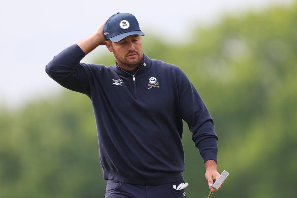 Bryson DeChambeau of the United States reacts after a putt on the 13th green during the first round of the PGA Championship at Aronimink Golf Club