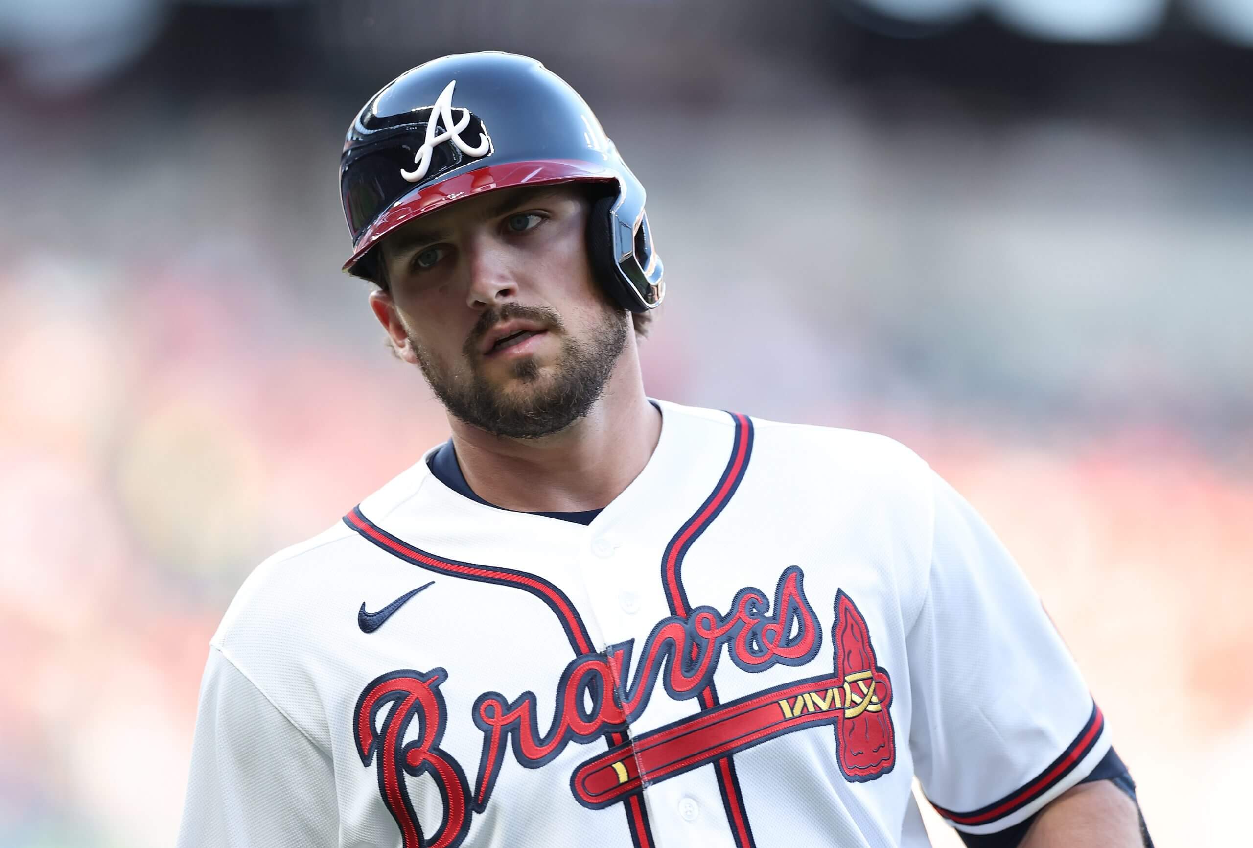 Austin Riley of the Atlanta Braves reacts after grounding out in the second inning against the Chicago Cubs at Truist Park.