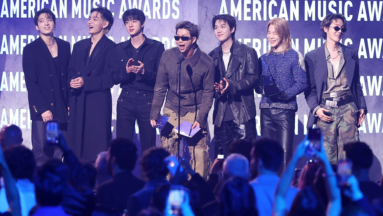 Jung Kook, V, Jin, RM, Suga, Jimin and Jeongjin Park of BTS accept the Artist of the Year award onstage at The 52nd American Music Awards held at the MGM Grand Garden Arena on May 25, 2026 in Las Vegas, Nevada.