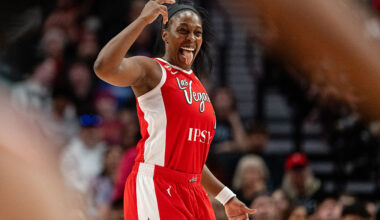PORTLAND, OREGON - JUNE 11: Chelsea Gray #12 of the Las Vegas Aces reacts after a basket was made during the second half of a Commissioner's Cup game against the Portland Fire at Moda Center on June 11, 2026 in Portland, Oregon. NOTE TO USER: User expressly acknowledges and agrees that, by downloading and or using this photograph, User is consenting to the terms and conditions of the Getty Images License Agreement. (Photo by Ali Gradischer/Getty Images)