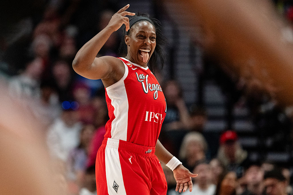 PORTLAND, OREGON - JUNE 11: Chelsea Gray #12 of the Las Vegas Aces reacts after a basket was made during the second half of a Commissioner's Cup game against the Portland Fire at Moda Center on June 11, 2026 in Portland, Oregon. NOTE TO USER: User expressly acknowledges and agrees that, by downloading and or using this photograph, User is consenting to the terms and conditions of the Getty Images License Agreement. (Photo by Ali Gradischer/Getty Images)