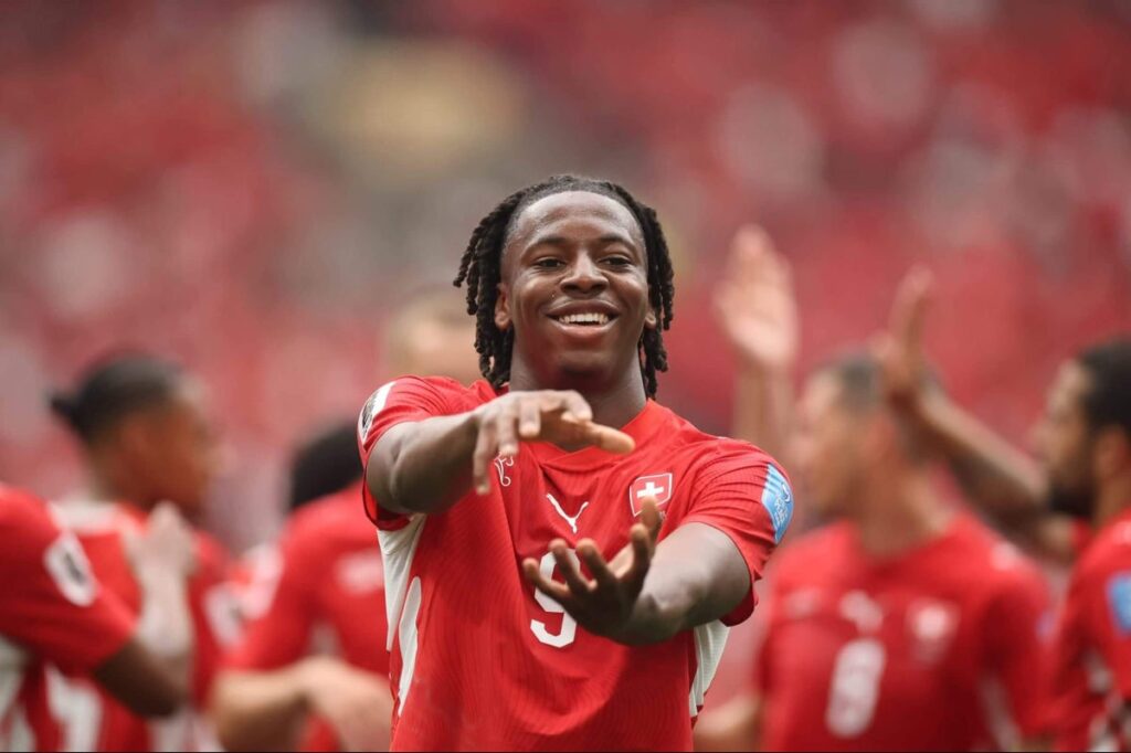 Johan Manzambi #9 of Switzerland celebrates scoring
