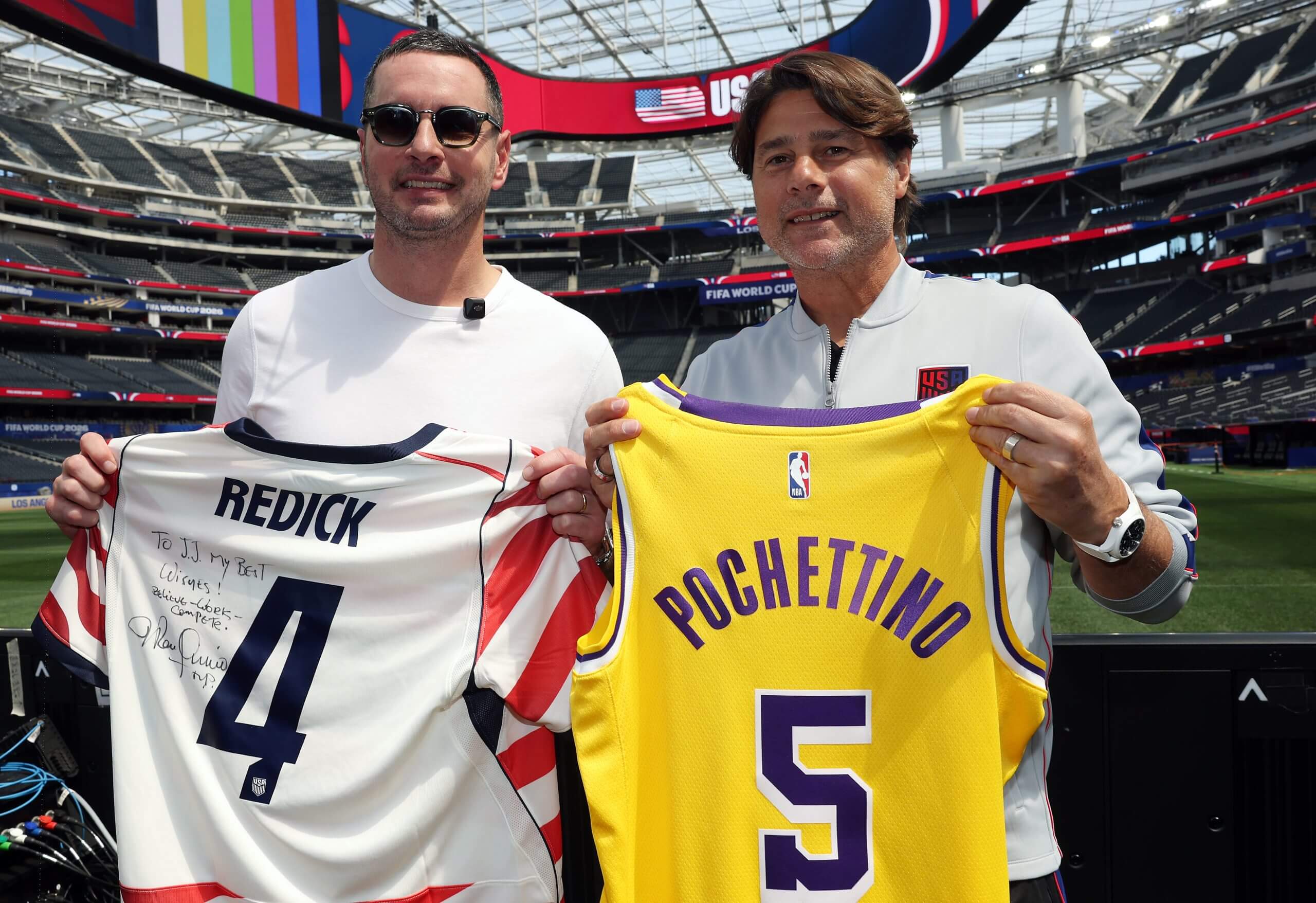 Mauricio Pochettino does a jersey swap with LA Lakers coach JJ Redick