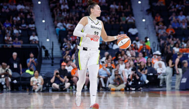 HARTFORD, CT - JULY 02: Jessica Shepard #32 of the Dallas Wings handles the ball during the WNBA game between Dallas Wings and Connecticut Sun on July 2, 2026, at PeoplesBank Arena in Hartford, CT. (Photo by M. Anthony Nesmith/Icon Sportswire via Getty Images)