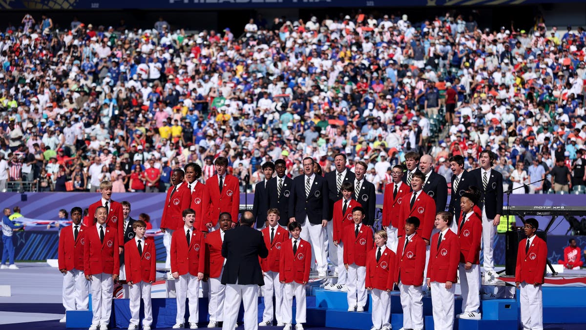 Philadelphia Boys Choir performs during a Fourth of July ceremony before the FIFA World Cup 2026 Round of 16 match.