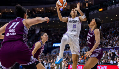 TORONTO, CANADA - JULY 8: Janelle Salaun #13 of the Golden State Valkyries drives to the net while guarded by Isabelle Harrison #21 of the Toronto Tempo during the second half of a WNBA game at Coca-Cola Coliseum on July 8, 2026 in Toronto, Canada. NOTE TO USER: User expressly acknowledges and agrees that, by downloading and or using this photograph, User is consenting to the terms and conditions of the Getty Images License Agreement. (Photo by Tara Walton/Getty Images)
