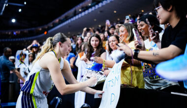 TORONTO, CANADA - JULY 5: Paige Bueckers #5 of the Dallas Wings signsautographs after playing against the Toronto Tempo in their WNBA game at the Coca-Cola Coliseum on July 5, 2026 in Toronto, Canada. (Photo by Mark Blinch/Getty Images) NOTE TO USER: User expressly acknowledges and agrees that, by downloading and/or using this Photograph, user is consenting to the terms and conditions of the Getty Images License Agreement.